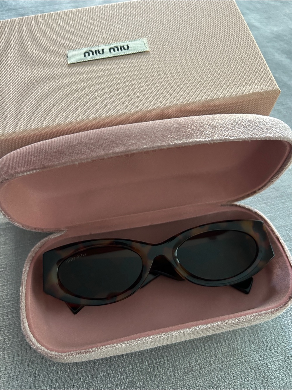 Miu Miu Tortoiseshell Oval Sunglasses with Pink Velvet Case